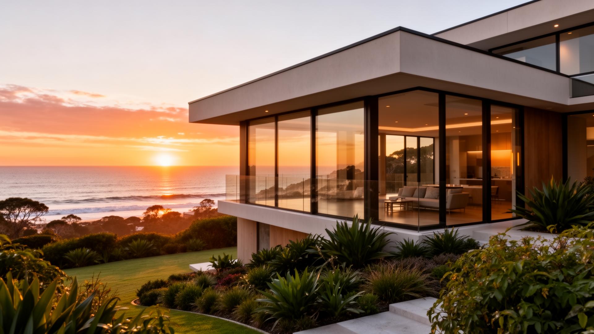 Contemporary coastal home at golden hour, NSW South Coast